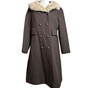 Vintage Shagmoor Brown‎ Wool Coat Faux Fur Collar Double Breasted 100% Pure Wool